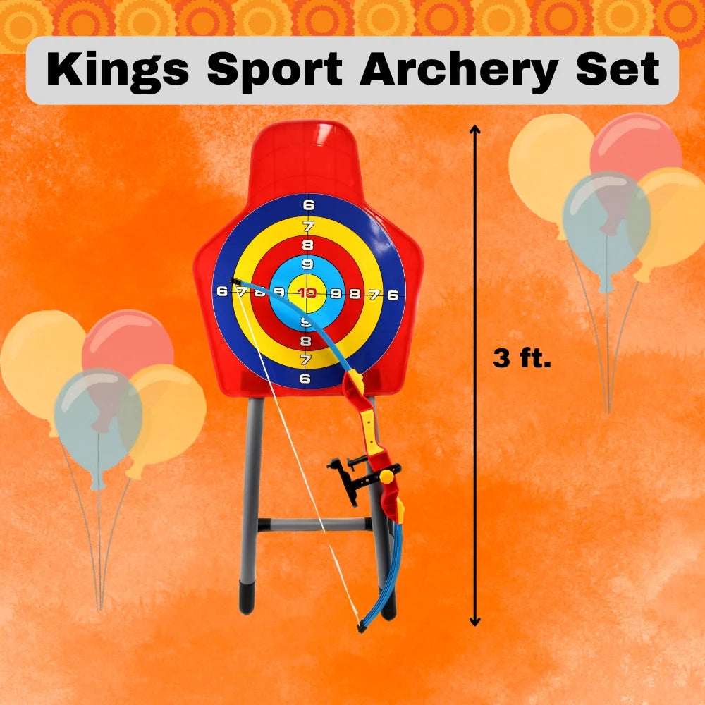 "The Kings Sport archery toy play set with a 3-foot target, suction arrows, and bow, ideal for young archery enthusiasts looking for the best toy archery set."