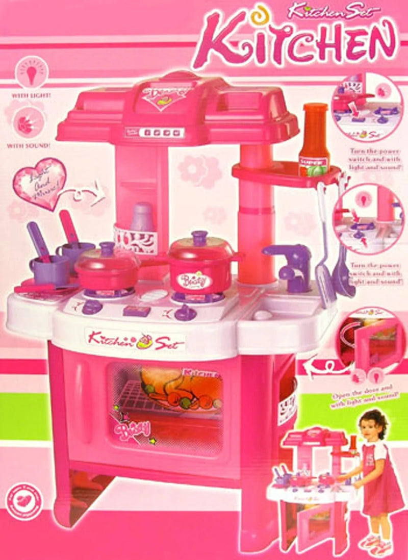 Toy kitchen playset accessories including pots, utensils, and pretend play food items