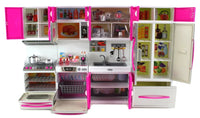 My Modern Kitchen Playset with open doors showing storage space and kitchen supplies for kids