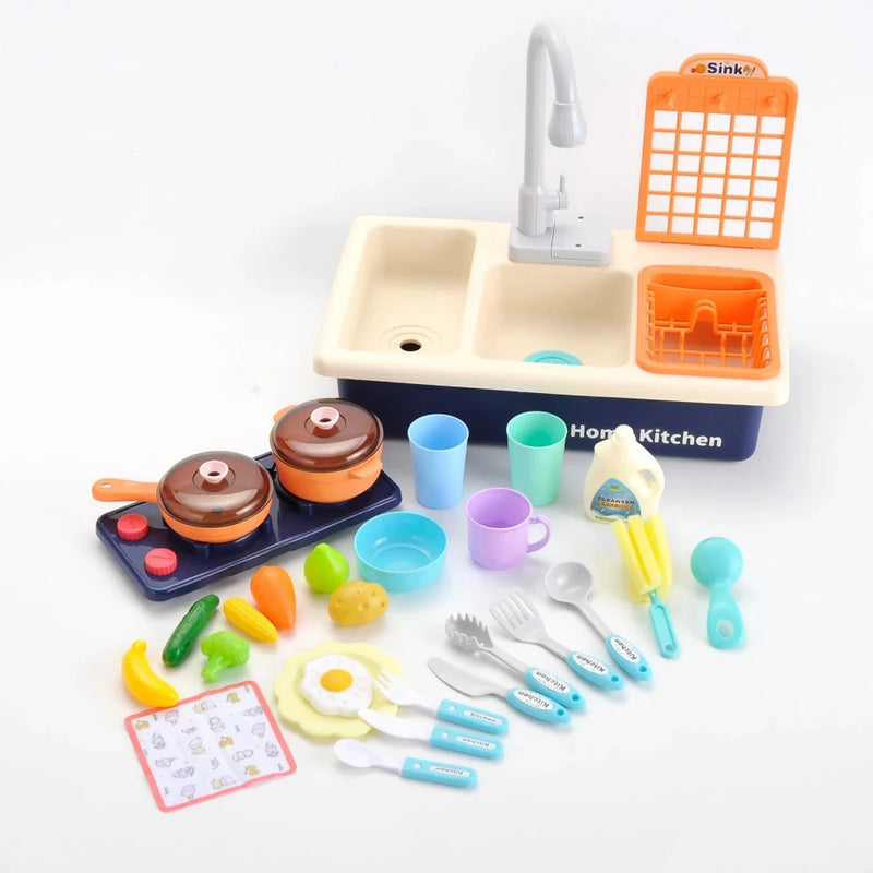 Complete kitchen playset with sink, utensils, and toy food items for kids’ pretend play.