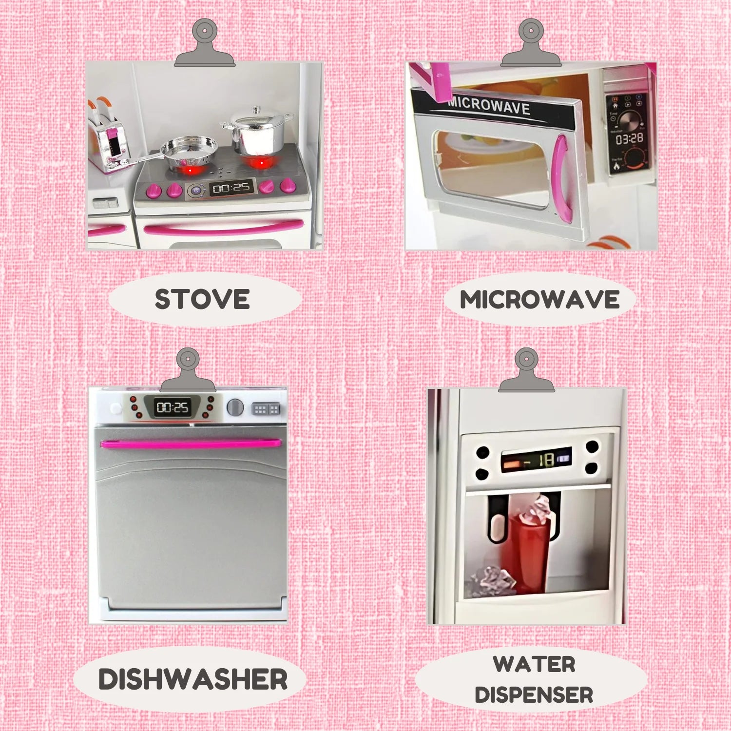 Close-up of the toy kitchen appliances including a stove, microwave, dishwasher, and water dispenser in a kids' modern kitchen playset