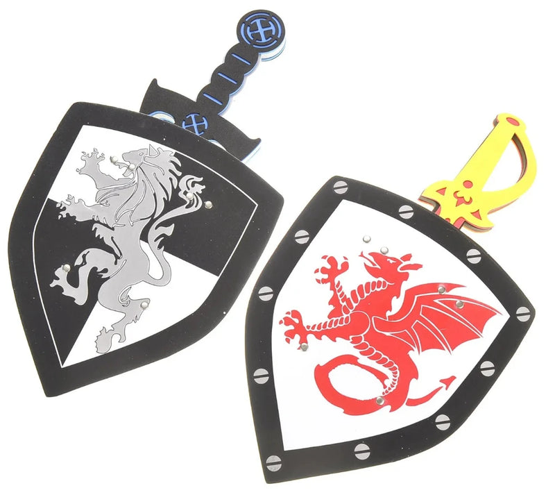 Medieval knight foam shield and sword playset, featuring a dragon and lion design, perfect for children's pretend play