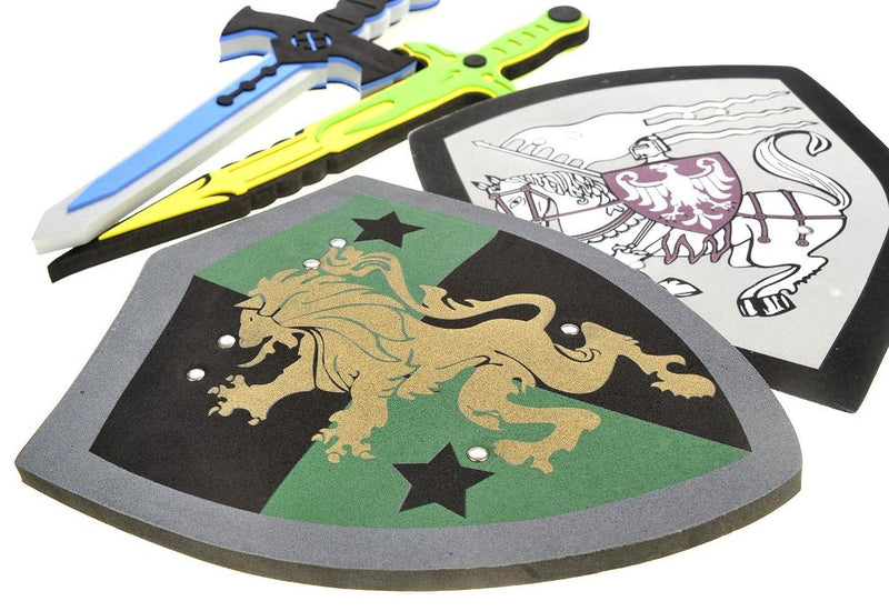 Toy knight shields and foam swords, ideal for children's play, featuring lion and horse emblems.