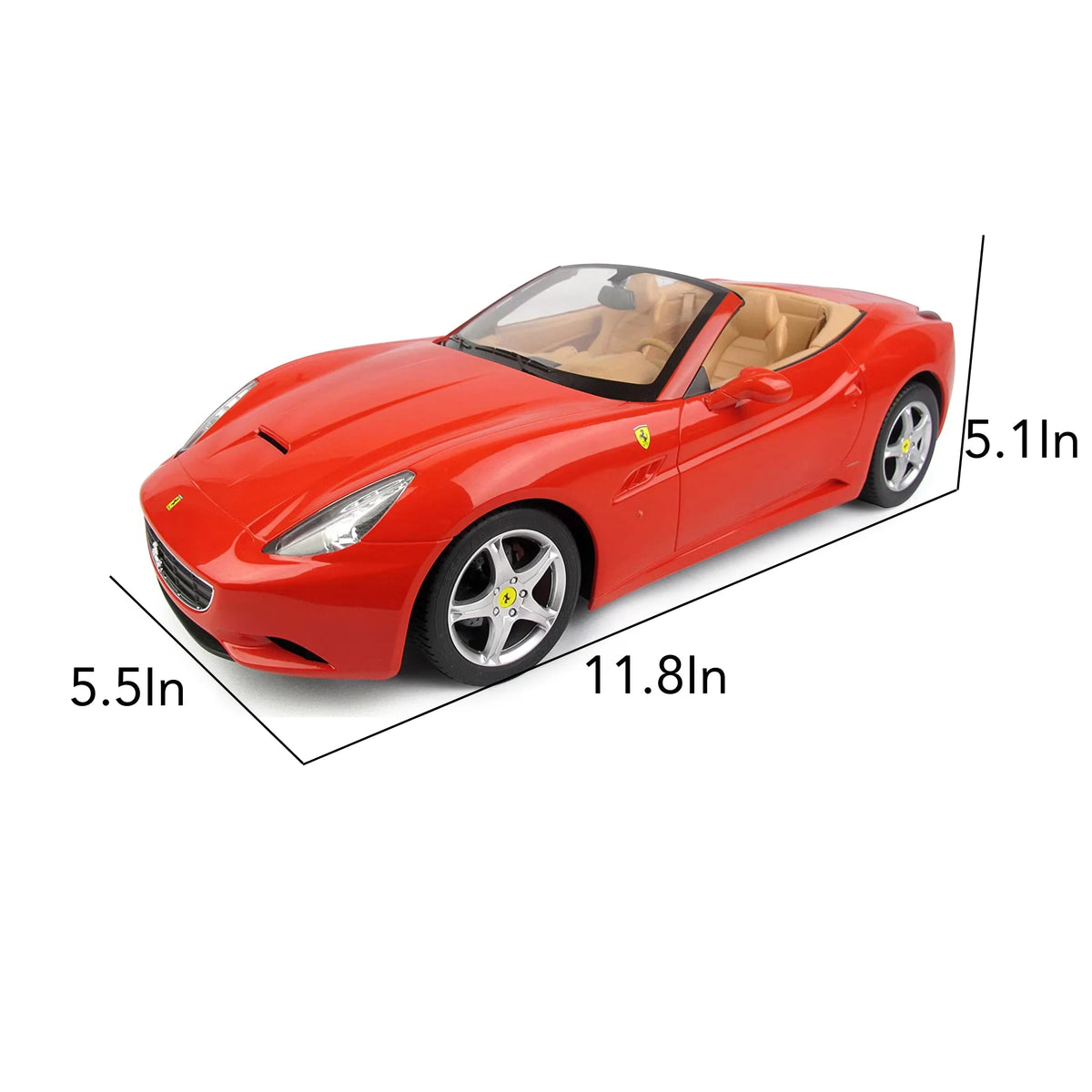 Red Ferrari model car with dimensions labeled on a white background