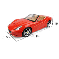 Red Ferrari model car with dimensions labeled on a white background