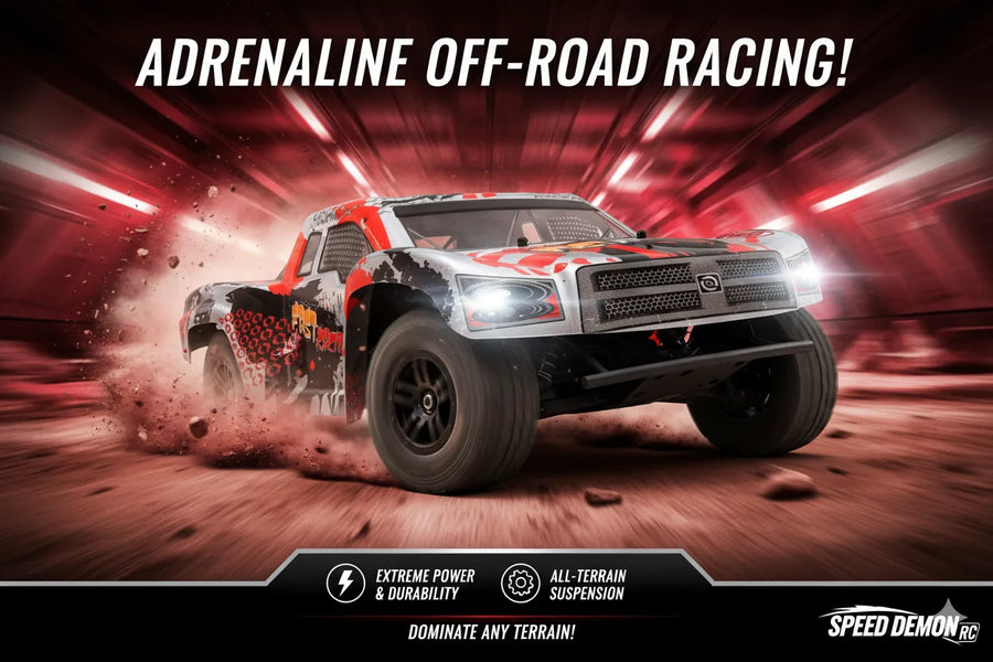 Off-road racing truck with text 'Adrenaline Off-Road Racing' and 'Speed Demon' branding.