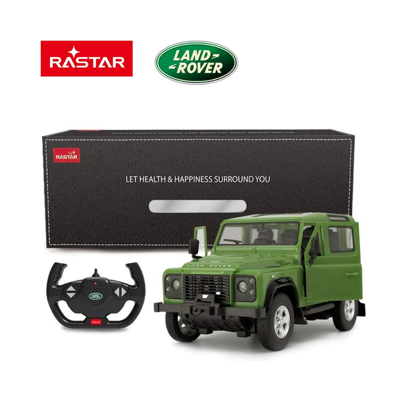 Land Rover Defender RC car with packaging box and branded remote control, ideal for gift giving