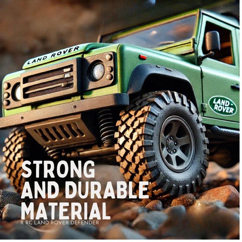 Close-up of Land Rover Defender RC car's durable material and rugged wheels, perfect for off-road adventures