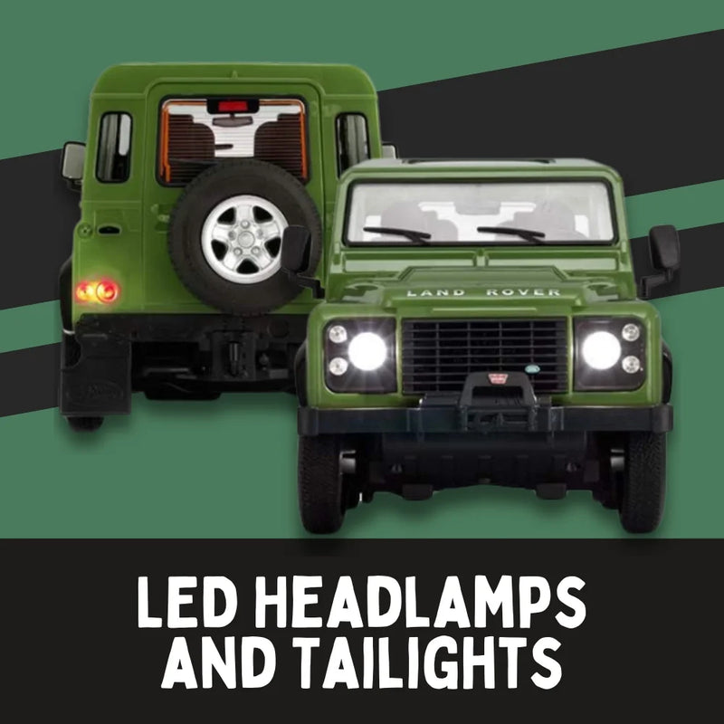LED headlamps and taillights on the Land Rover Defender RC car, adding to its realistic design.