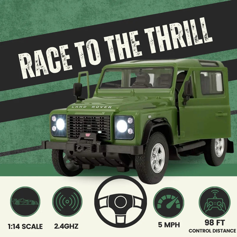 Land Rover Defender RC car on a 'Race to the Thrill' background, highlighting 1:14 scale, 2.4GHz control, and 98-ft range