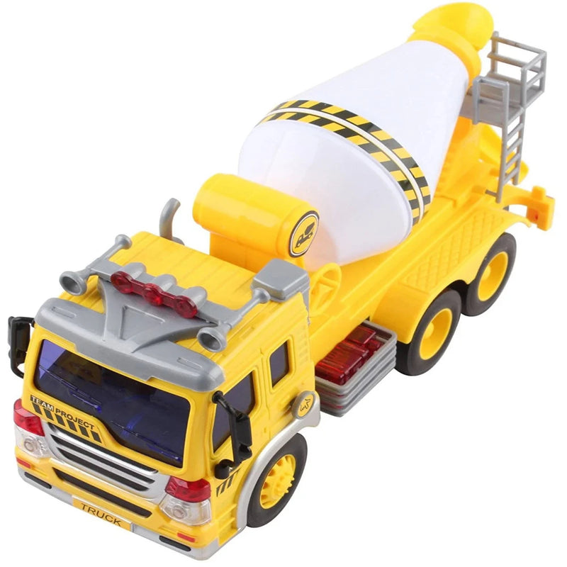 Top view of the large toy cement mixer truck with rotating mixer drum and detailed cabin, perfect for young builders.