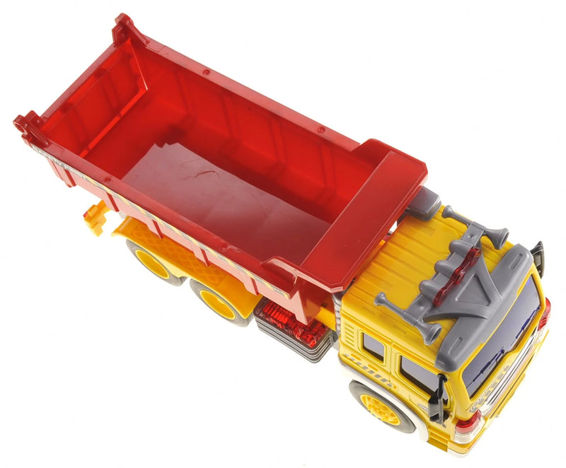 Top view of a large dump truck toy with a spacious red loading bed, perfect for kids' construction play.