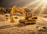 Toy excavator on a sandy surface with a sunlit background