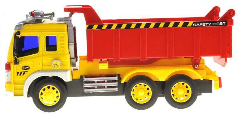 Large yellow dump truck toy with a red safety-marked container for children's playtime construction adventures