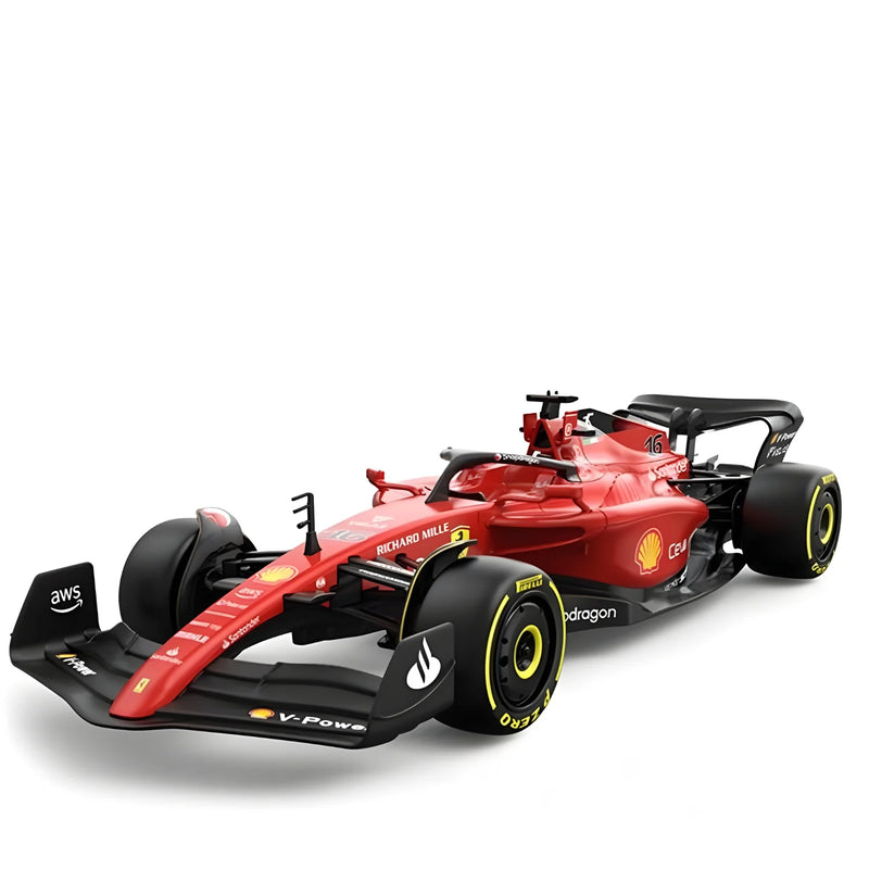 Red Formula 1 car with various sponsor logos on a white background