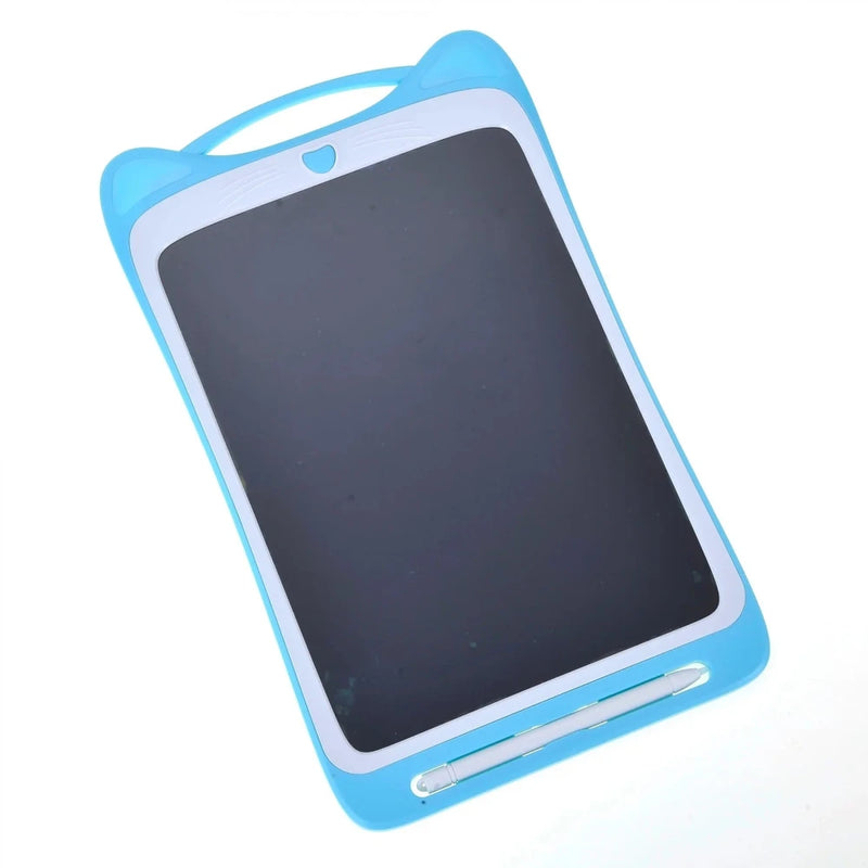 Kid holding an LCD doodle board, featuring eye protection and easy erase functionality