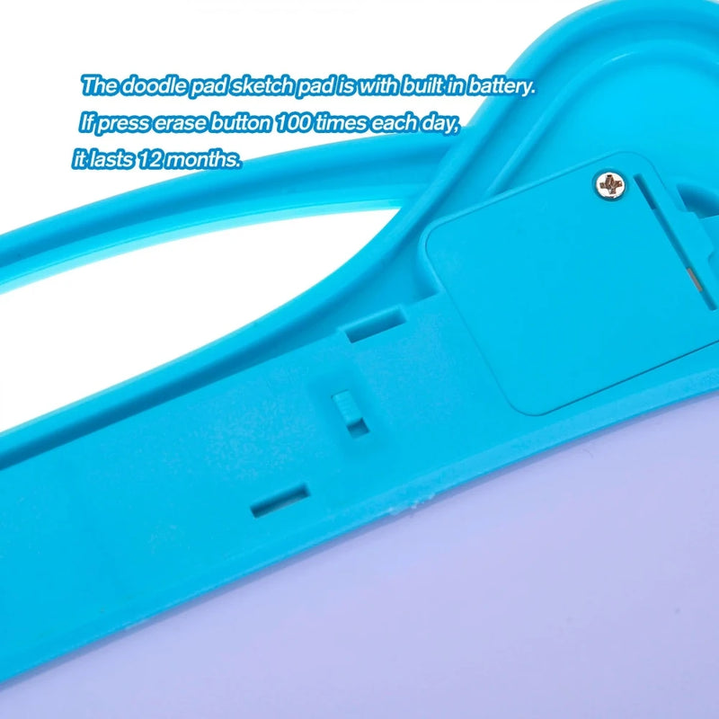 Back view of the LCD drawing pad showing the built-in battery, designed for durability