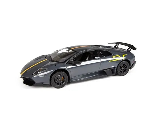 Model car of a sports car with a black and yellow design on a white background