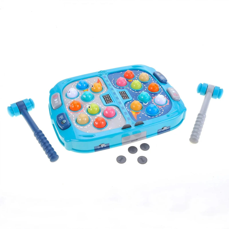 "Learning Fun Galaxy Space War Game with hammers and colorful, engaging game board for kids.
