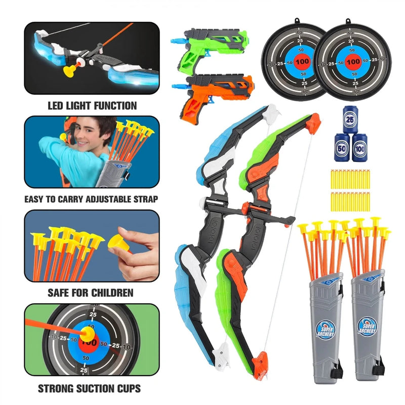 Toy bow with LED light function and safe suction cup arrows for an exciting and secure archery game for kids.