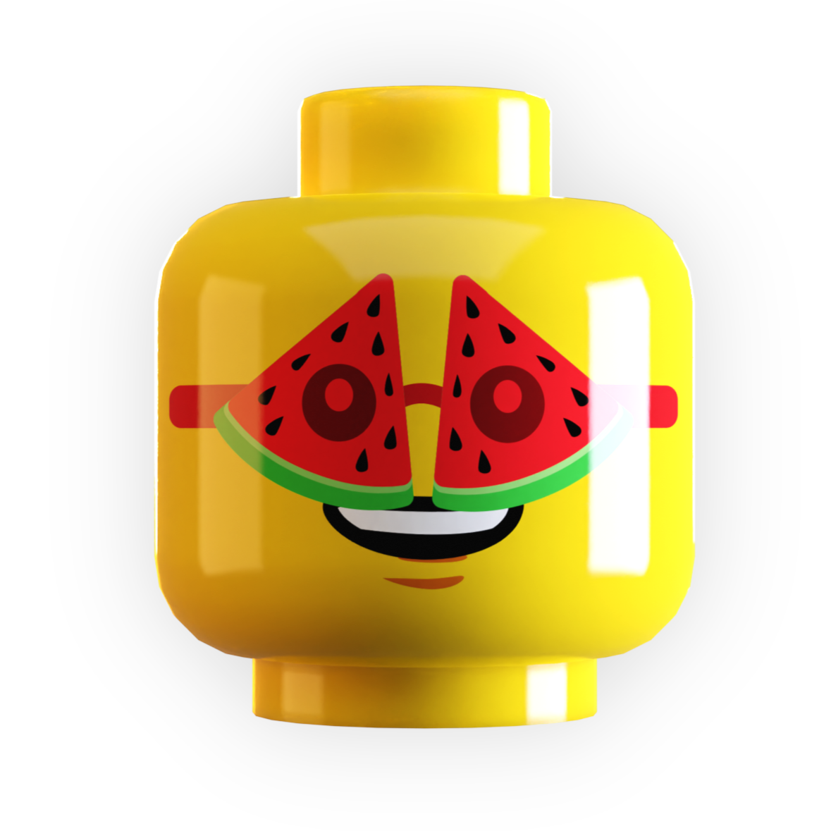 Yellow toy head with watermelon design on a white background