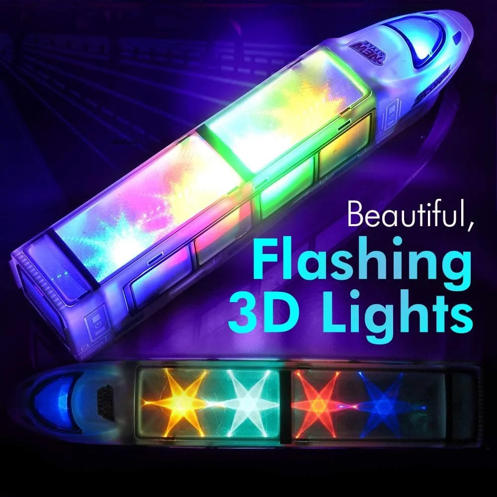 3D flashing light-up electric train toy with colorful LED lights.