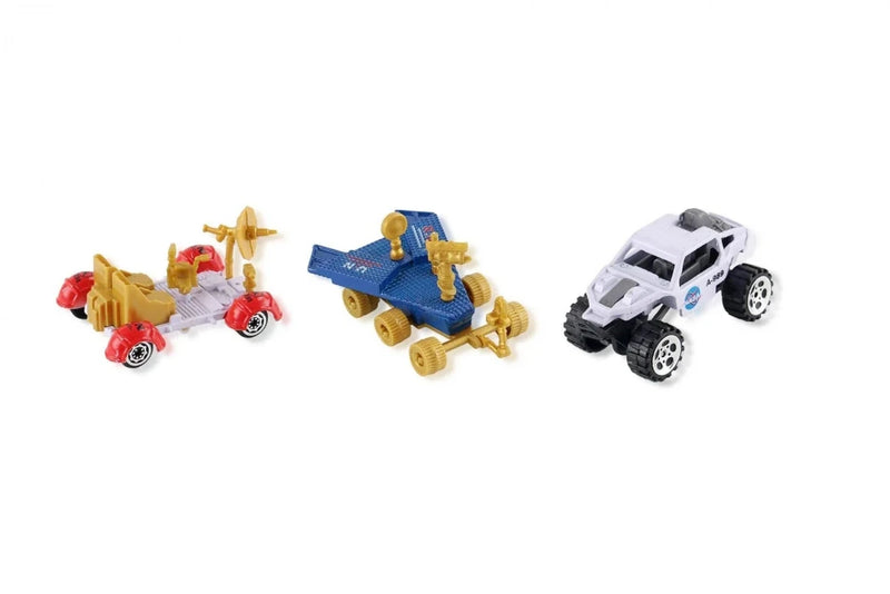 Toy space shuttle set featuring lunar rovers and exploration vehicles for educational play.