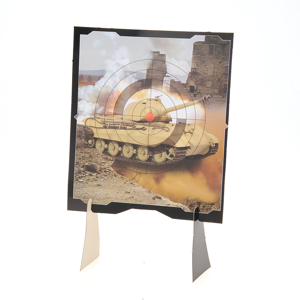 Target practice board with tank design and target layout on a white background