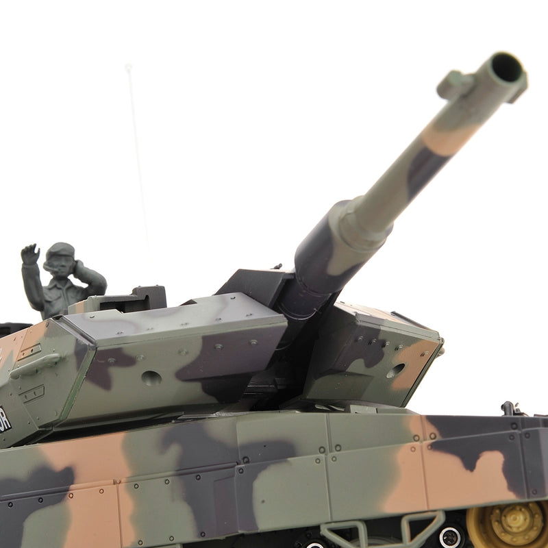 Camouflage military tank with a soldier figure on a white background