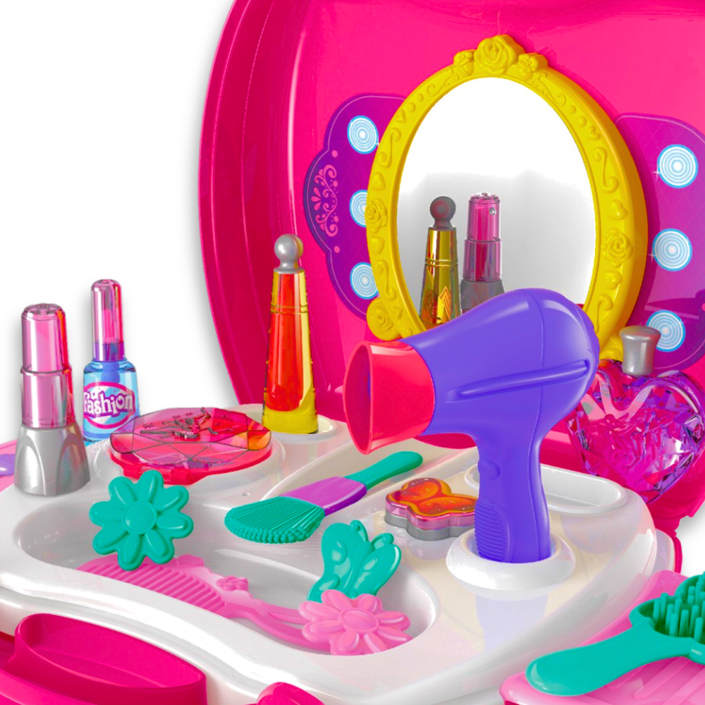 Close-up of beauty accessories in kids' makeup playset including pretend cosmetics and mirror