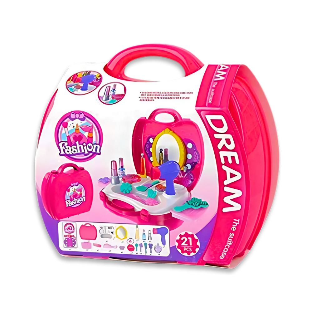 Portable makeup playset carry case for kids, featuring beauty tools and accessories."

