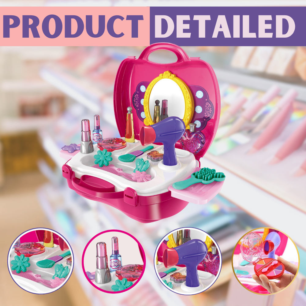 Detailed view of makeup playset with various beauty tools, mirror, and pretend dryer."

