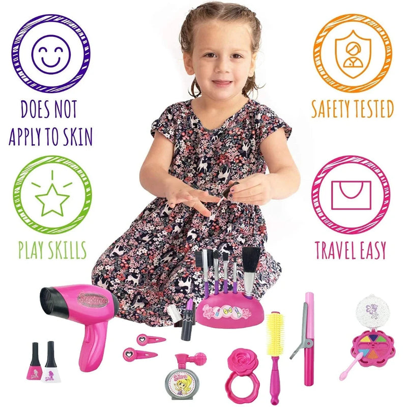 Girl enjoying playtime with her beauty set toy, includes makeup brushes, hair dryer, and accessories