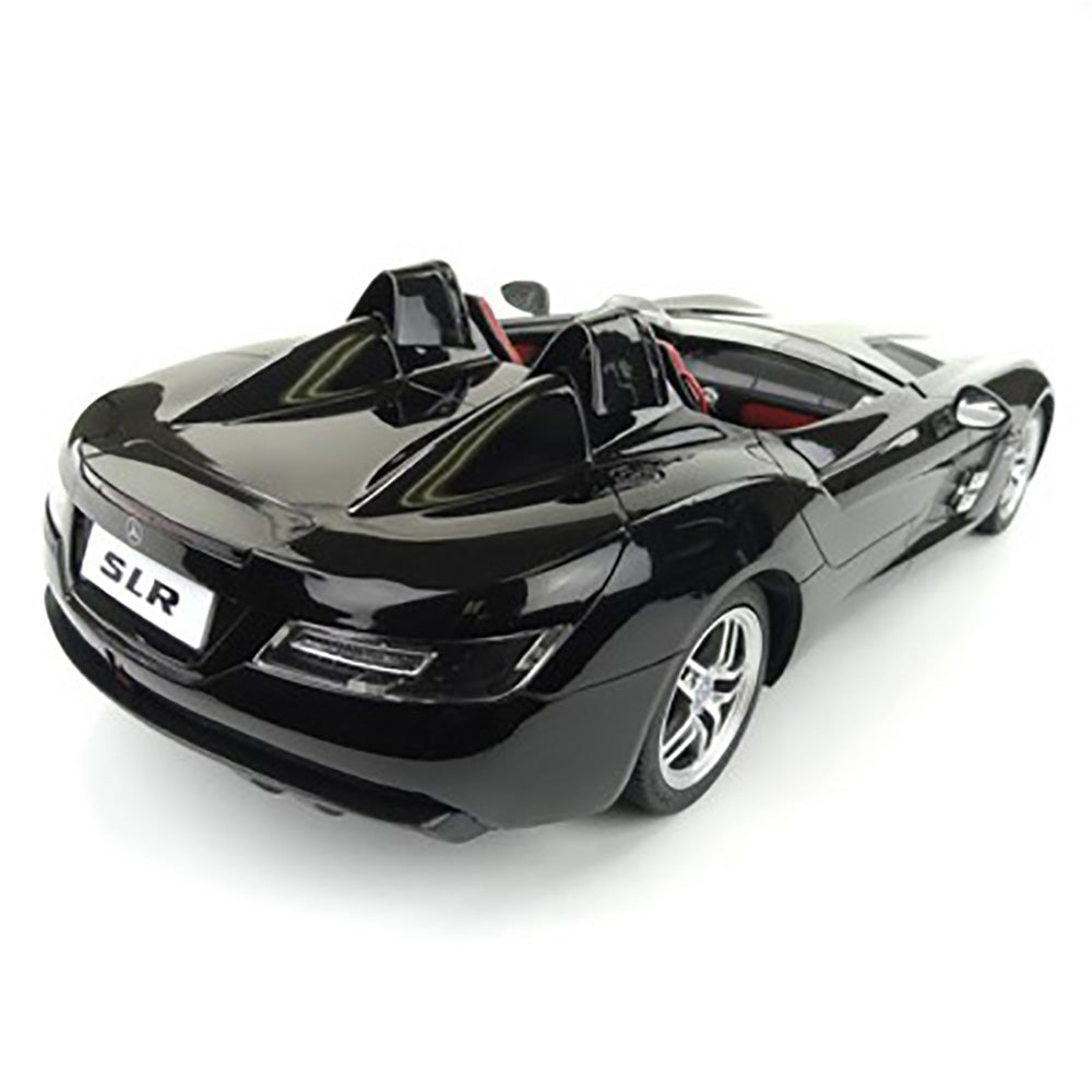 Black toy car with SLR branding on a white background