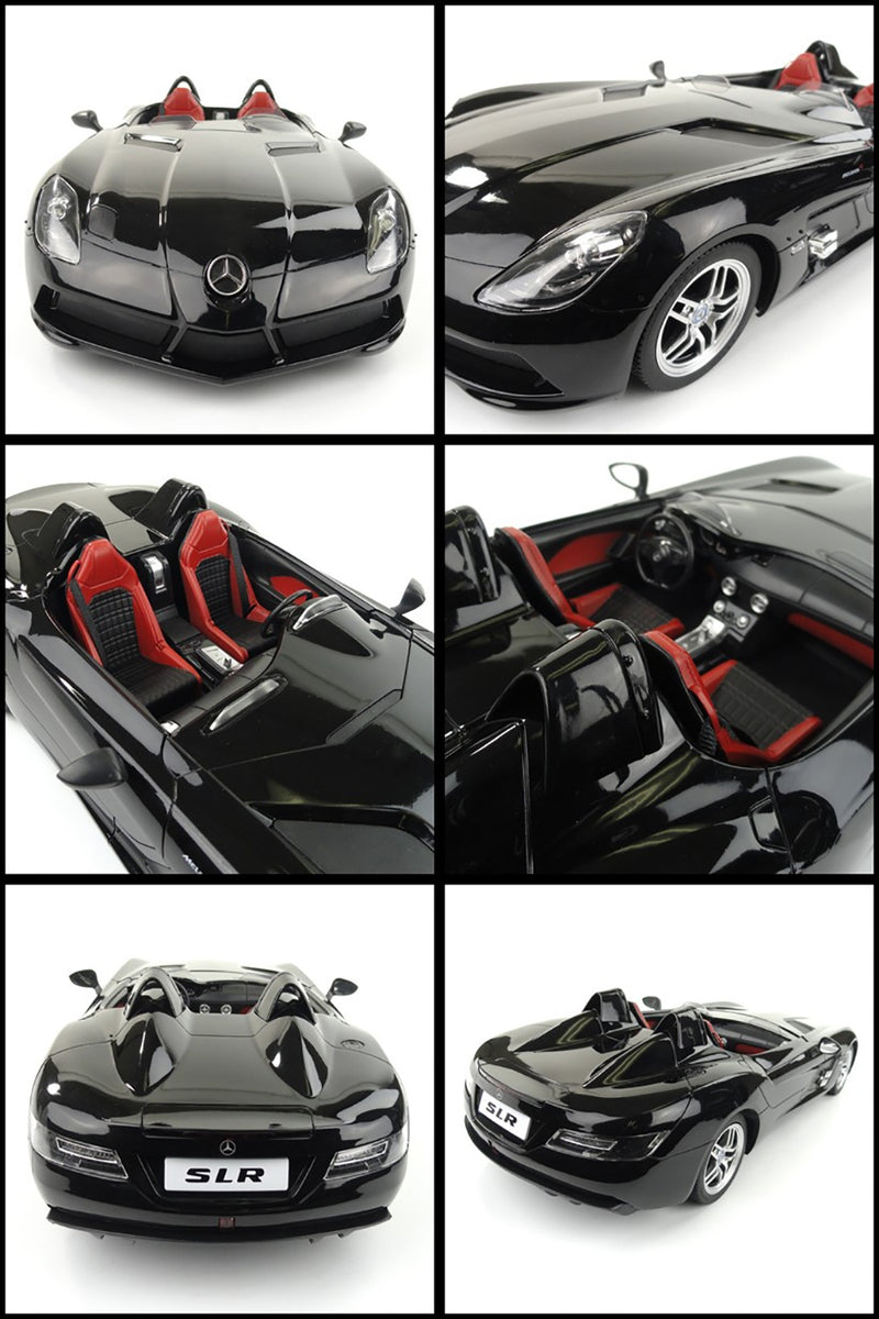 Black sports car with red interior shown from multiple angles on a white background