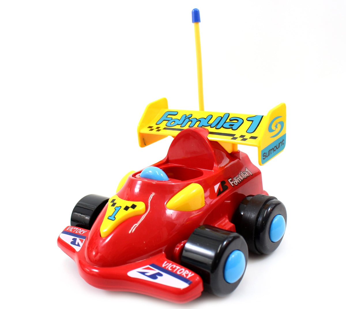 Red toy race car with a yellow 'Formula 1' sign on a white background