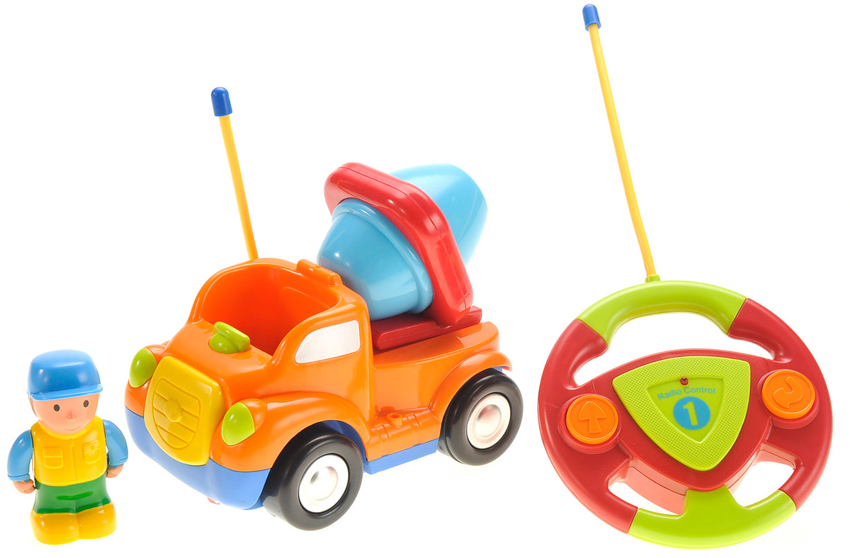 Toy truck with a steering wheel and figure on a white background
