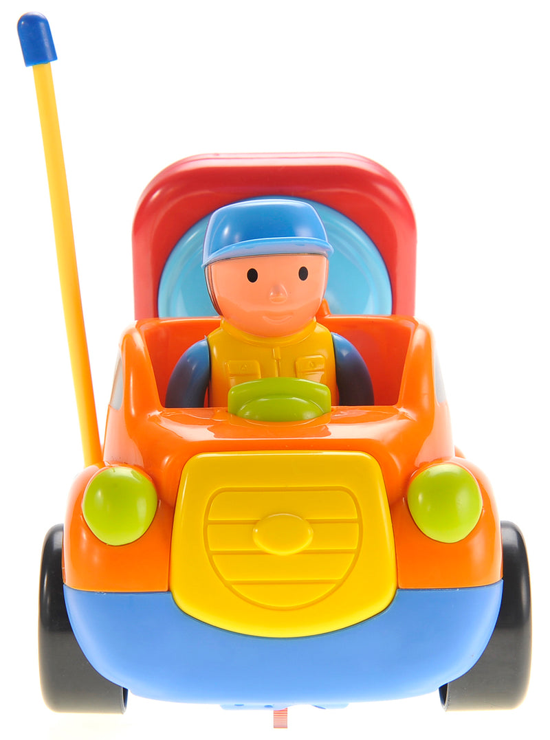 Colorful toy vehicle with a character inside on a white background
