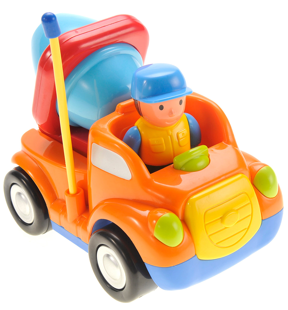 Toy dump truck with a driver figure on a white background