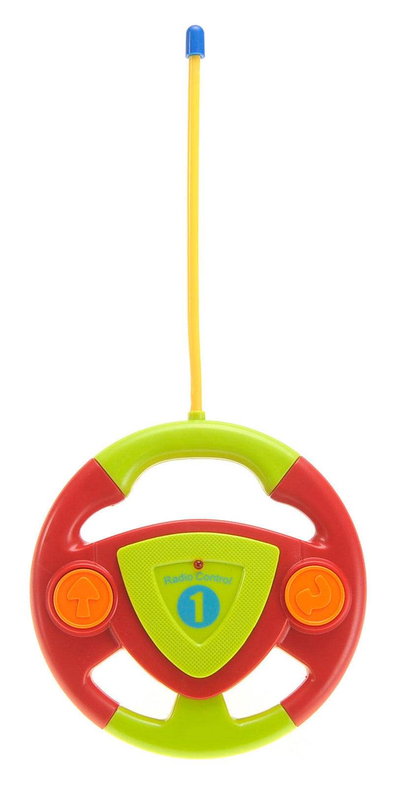 Colorful toy steering wheel with antennas on a white background