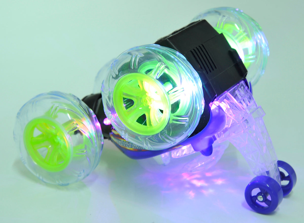 Toy car with glowing wheels on a light gray background