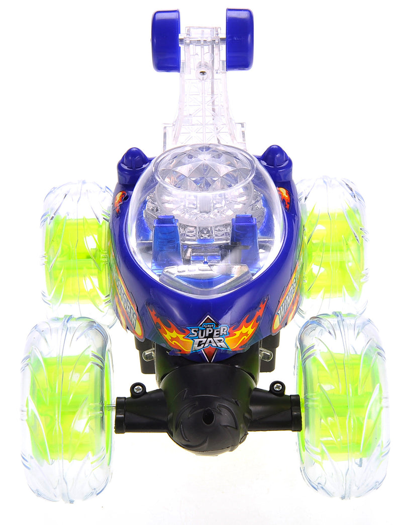 Toy car with blue and yellow design on a white background