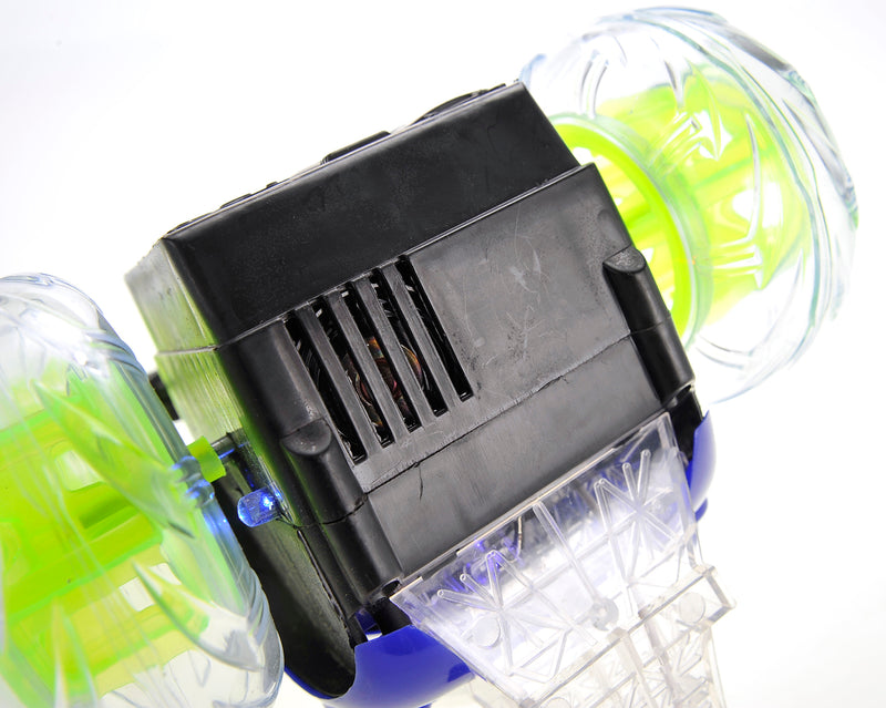 Close-up of a black electronic device with green and blue components on a white background