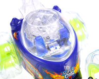 Toy car with blue and yellow design on a white background