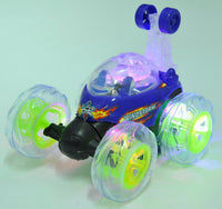 Toy car with glowing wheels on a light green background