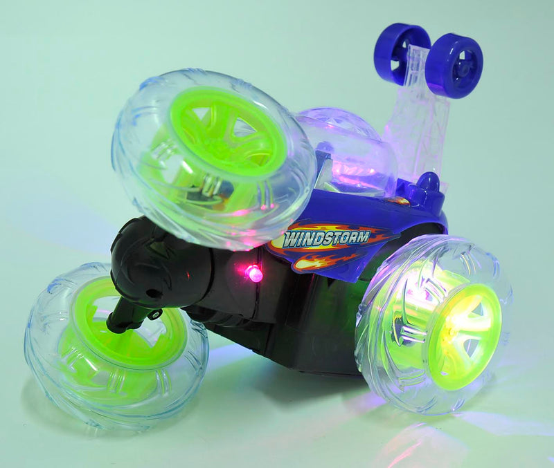 Toy vehicle with glowing wheels on a light background