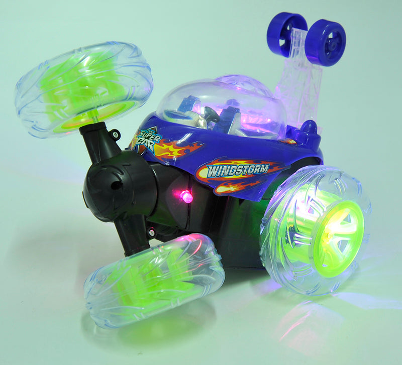 Toy car with LED lights and colorful design on a light background