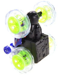 Toy robot with transparent wheels and a black body on a white background
