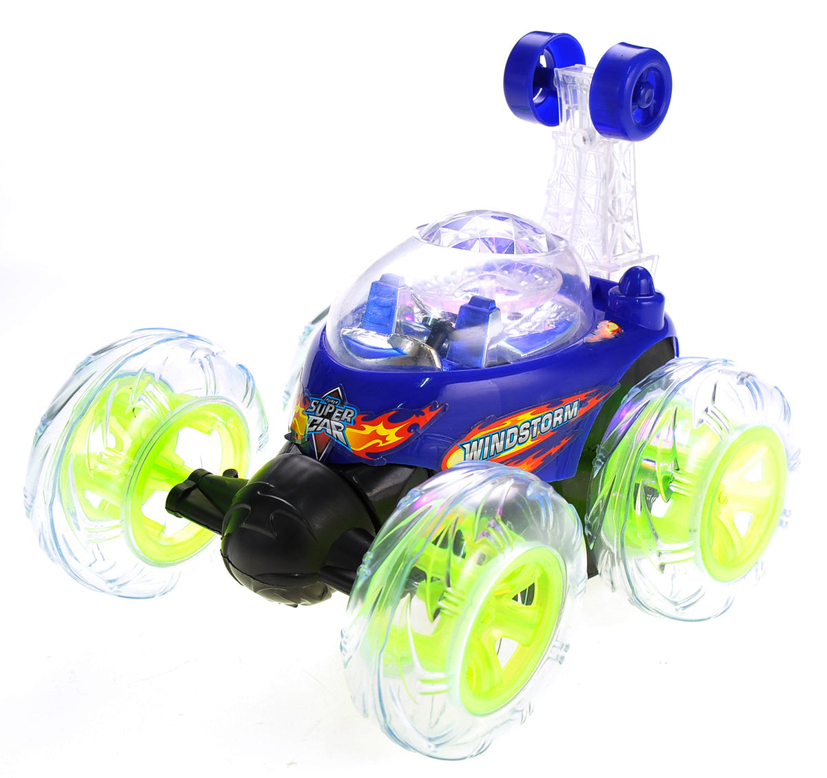 Toy vehicle with blue and green wheels on a white background