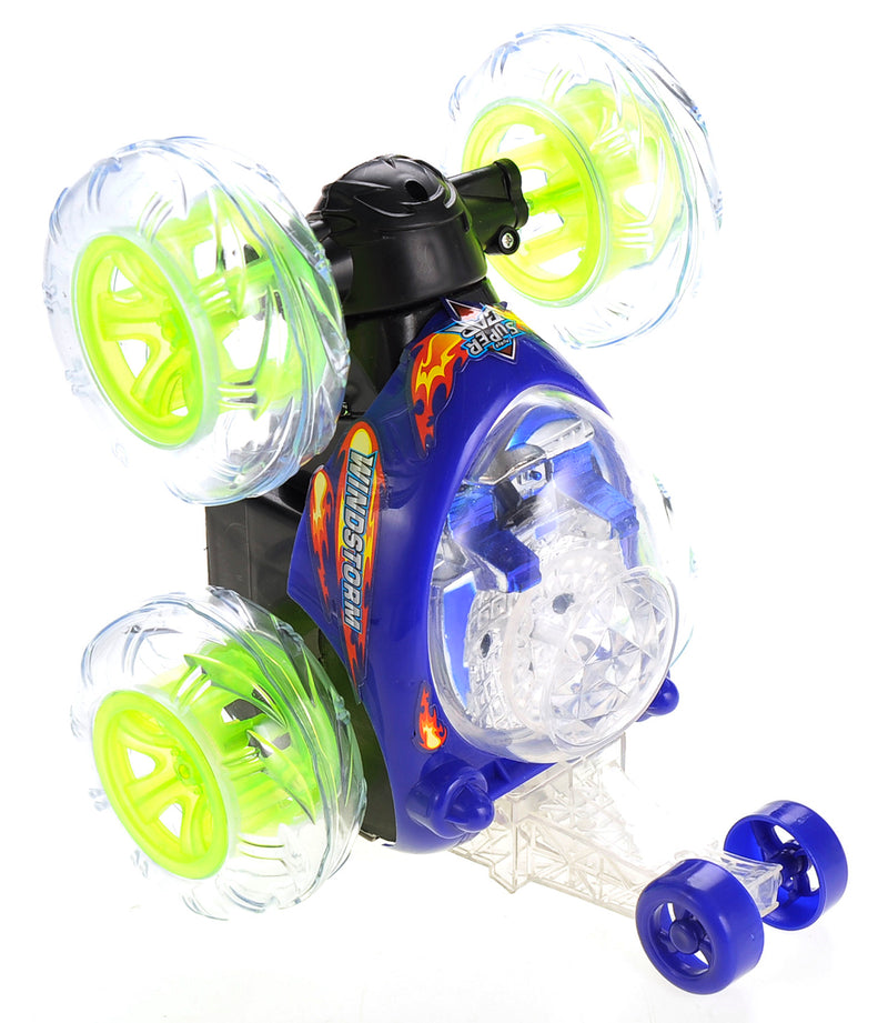 Toy car with transparent wheels and colorful design on a white background